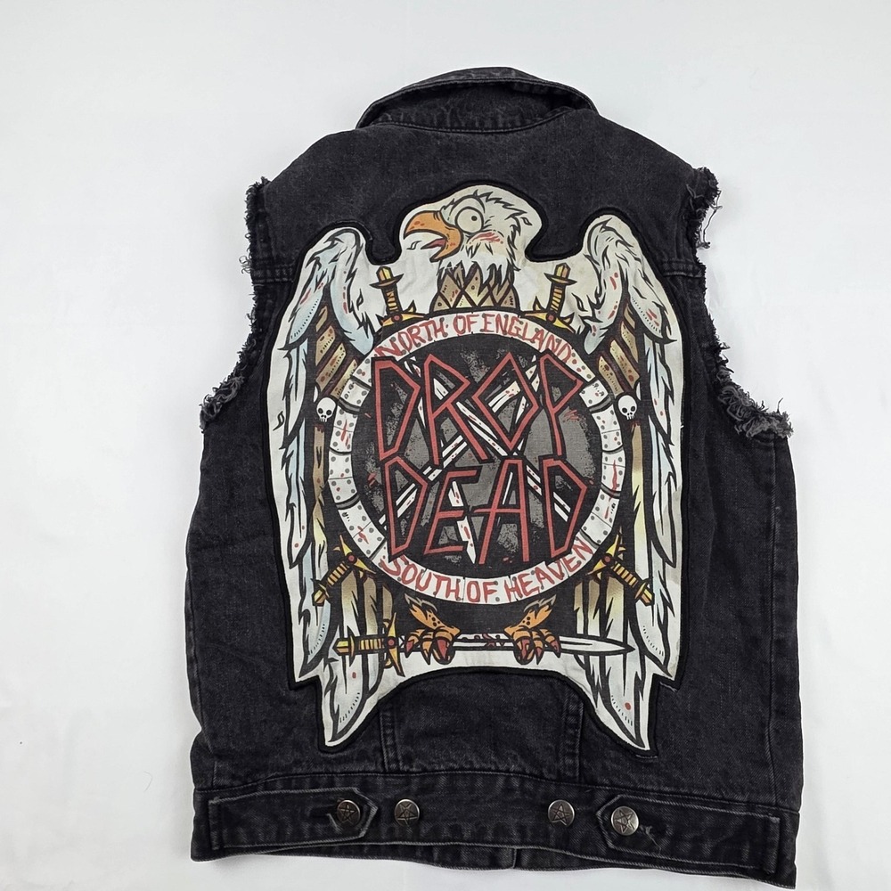 Drop Dead Vest Girls Large Womens Small Black Denim Eagle Back North Of England